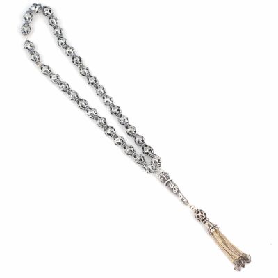 925 Ayar Gümüş Delikli Top Tesbih, Elif Vav Desenli İmame - 3