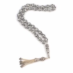 925 Ayar Gümüş Delikli Top Tesbih, Elif Vav Desenli İmame - Nusrettaki