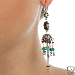 Nusrettaki - 925 Silver Spongy Ball & Agate Stoned Filigree Dangle Earrings