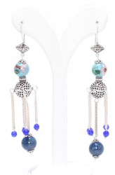Nusrettaki - 925 Silver Spongy Ball & Lapis Stoned Filigree Dangle Earrings