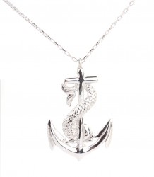 Sterling Silver Anchor Designer Pendant Necklace, White Gold Vermeiled - 4