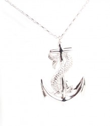 Sterling Silver Anchor Designer Pendant Necklace, White Gold Vermeiled - 3