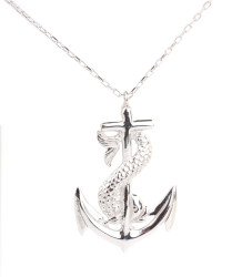 Sterling Silver Anchor Designer Pendant Necklace, White Gold Vermeiled - 5