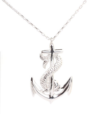 Sterling Silver Anchor Designer Pendant Necklace, White Gold Vermeiled - 5