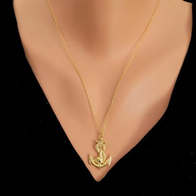 Sterling Silver Anchor Designer Pendant Necklace, White Gold Vermeiled - 1