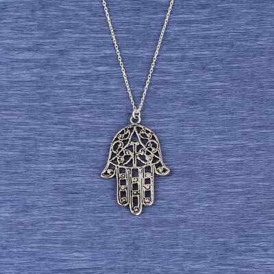 925 Ayar Gümüş Desenli Fatma Ana Eli Kolye - 3
