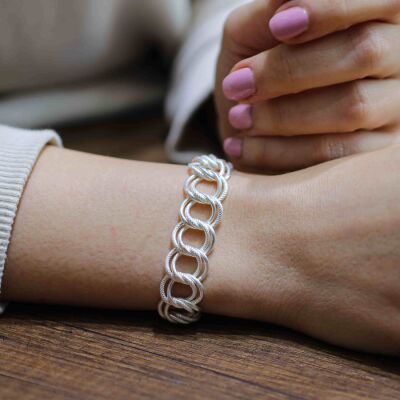 925 Ayar Gümüş Desenli Ve Düz Samanyolu Bileklik - 5