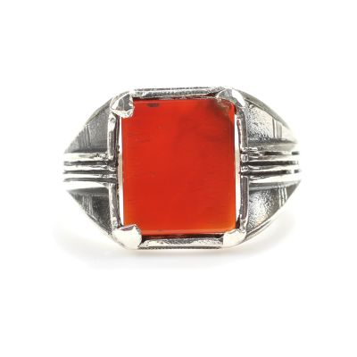 925 Ayar Gümüş Dikdörtgen Akik Taşlı Erkek Yüzüğü - 4