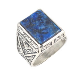 925 Ayar Gümüş Dikdörtgen Gerçek Lapis Taşlı El Kalemli Erkek Yüzüğü - Nusrettaki