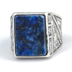 925 Ayar Gümüş Dikdörtgen Gerçek Lapis Taşlı El Kalemli Erkek Yüzüğü - 3