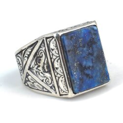 925 Ayar Gümüş Dikdörtgen Gerçek Lapis Taşlı El Kalemli Erkek Yüzüğü - 2