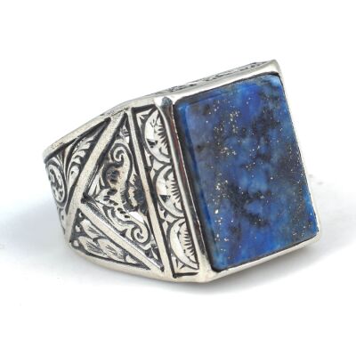 925 Ayar Gümüş Dikdörtgen Gerçek Lapis Taşlı El Kalemli Erkek Yüzüğü - 2