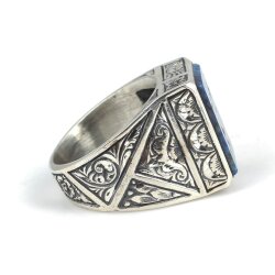 925 Ayar Gümüş Dikdörtgen Gerçek Lapis Taşlı El Kalemli Erkek Yüzüğü - 4