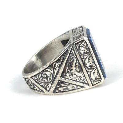 925 Ayar Gümüş Dikdörtgen Gerçek Lapis Taşlı El Kalemli Erkek Yüzüğü - 4