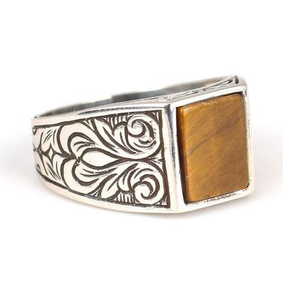 925 Ayar Gümüş Dikdörtgen Kaplan Gözü Taşlı Erkek Yüzüğü - 1