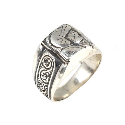 925 Ayar Gümüş Dikdörtgen Kaşlı Antik Roma Askeri Erkek Yüzüğü - 2
