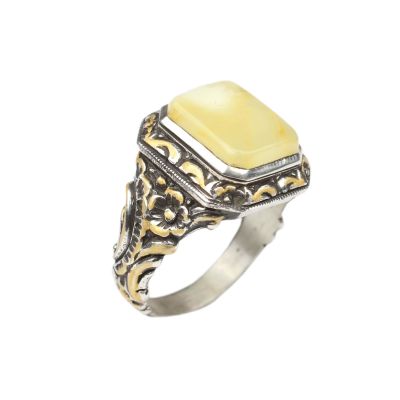 925 Ayar Gümüş Dikdörtgen Kehribar Taşlı Sütun Başı Kalemkar Erkek Yüzüğü - 1