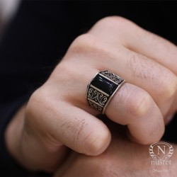 Silver Rectanguler Men Ring with Onyx - Nusrettaki (1)