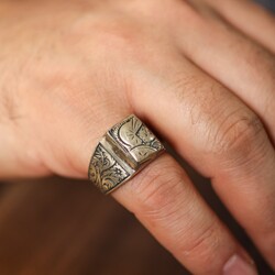 Nusrettaki - 925 Ayar Gümüş Dikdörtgen Roma Askeri Kaşlı Erkek Yüzüğü