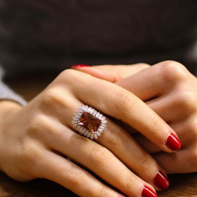 925 Ayar Gümüş Dikdörtgen Zultanit ve Baget Taş Yüzük, Büyük - 3