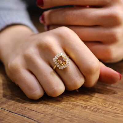 925 Ayar Gümüş Dikdörtgen Zultanit ve Baget Taşlı Yüzük - 10