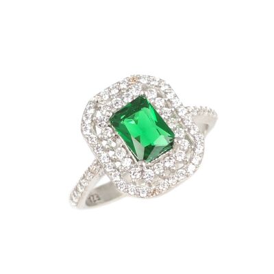 925 Ayar Gümüş Dikdörtgen Zümrüt Renk Taşlı Yüzük - 1