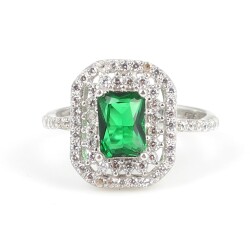 925 Ayar Gümüş Dikdörtgen Zümrüt Renk Taşlı Yüzük - 4