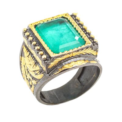 925 Ayar Gümüş Dikdörtgen Zümrüt Taşlı Erkek Yüzüğü - 1