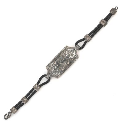 925 Ayar Gümüş El Kalemli Desenli Deri Erkek Bileklik - 3