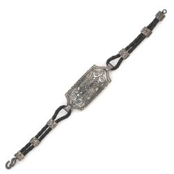 925 Ayar Gümüş El Kalemli Desenli Deri Erkek Bileklik - 3