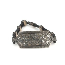 925 Ayar Gümüş El Kalemli Desenli Deri Erkek Bileklik - Nusrettaki