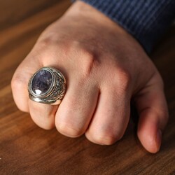 Nusrettaki - 925 Ayar Gümüş Elişi Kalemli Kök Safir Taşlı Erkek Yüzük