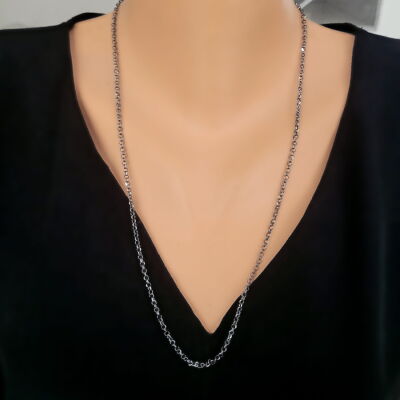 925 Ayar Gümüş Eskitme Model Siyah Kalemli Halka Zincir - 1