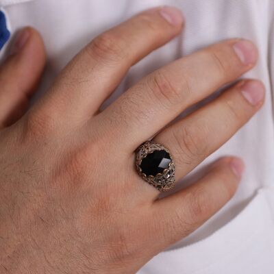 925 Ayar Gümüş Fasetli Garnet Taşlı Antik Yüzük - 1