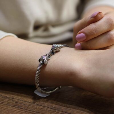 925 Ayar Gümüş Fil Başı Yaylı Burgu Kol Erkek Bileziği - 7