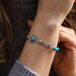 925 Ayar Gümüş Firuze Taşlı Telkari İşlemeli Şarnelli Bileklik - Nusrettaki