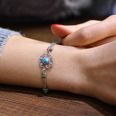 925 Ayar Gümüş Firuze Taşlı Telkari İşlemeli Şarnelli Bileklik - 3