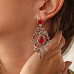Silver Chandelier Design Earrings with Garnet - Nusrettaki