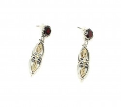 925 Sterling Silver Garnet Stone Engraved Patterned Earrings - 3