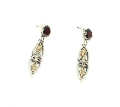 925 Sterling Silver Garnet Stone Engraved Patterned Earrings - 3