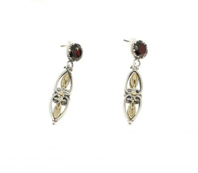 925 Sterling Silver Garnet Stone Engraved Patterned Earrings - 4