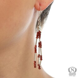 925 Silver Garnet Stoned Three Lined Dangle Earrings - Nusrettaki