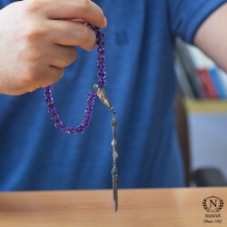 Nusrettaki - 925 Ayar Gümüş Gerçek 0,8 cm Fasetli Ametist Taşlı Küre Kesim Tasarım Tesbih