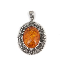 925 Ayar Gümüş Gerçek Kehribar Taşlı Çiçekli Kolye Ucu - Nusrettaki