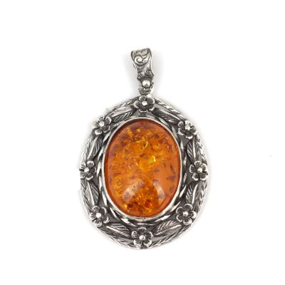 925 Ayar Gümüş Gerçek Kehribar Taşlı Çiçekli Kolye Ucu - 1