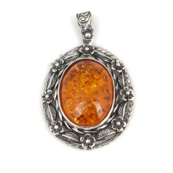 925 Ayar Gümüş Gerçek Kehribar Taşlı Çiçekli Kolye Ucu - Nusrettaki (1)