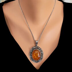 925 Ayar Gümüş Gerçek Kehribar Taşlı Çiçekli Kolye Ucu - Nusrettaki (1)