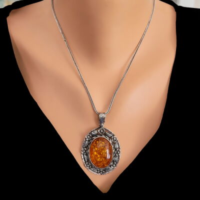 925 Ayar Gümüş Gerçek Kehribar Taşlı Çiçekli Kolye Ucu - 2