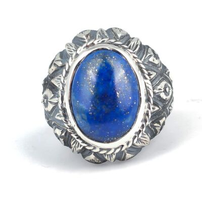 925 Ayar Gümüş Gerçek Lapis Taşlı Çiçek Desenli El Kalemli Erkek Yüzüğü - 2