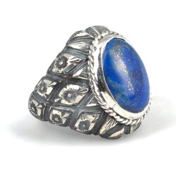925 Ayar Gümüş Gerçek Lapis Taşlı Çiçek Desenli El Kalemli Erkek Yüzüğü - 3